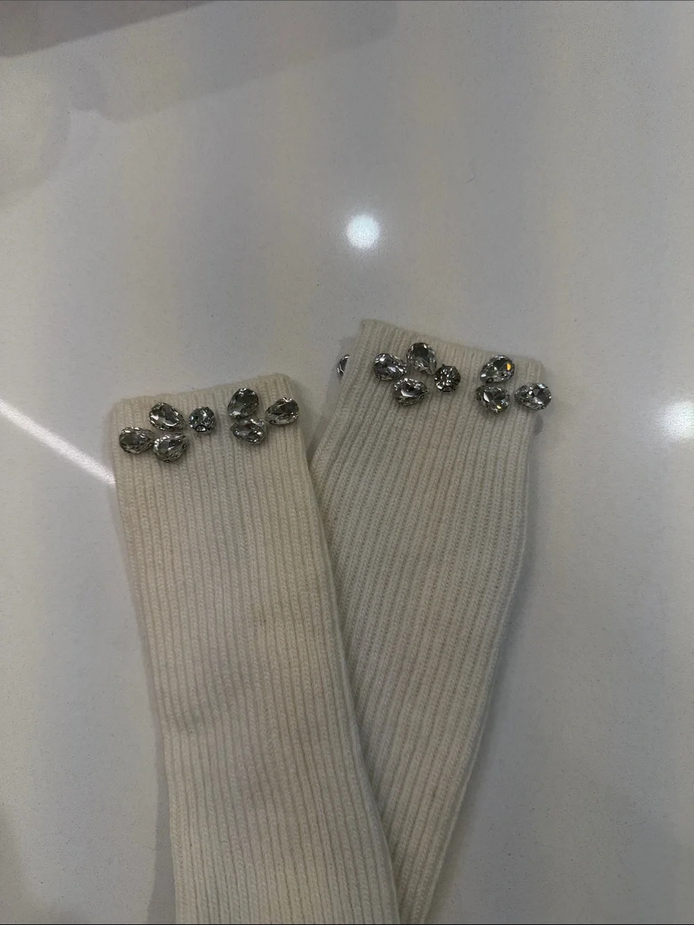 Maje New White, Ecru Long Knee High Socks With Rhinestone Embellished Size: OS
